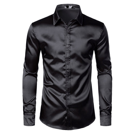 Schwarzes Satinhemd für Herren, langärmelig, Slim Fit, elegant, Party-Mode.