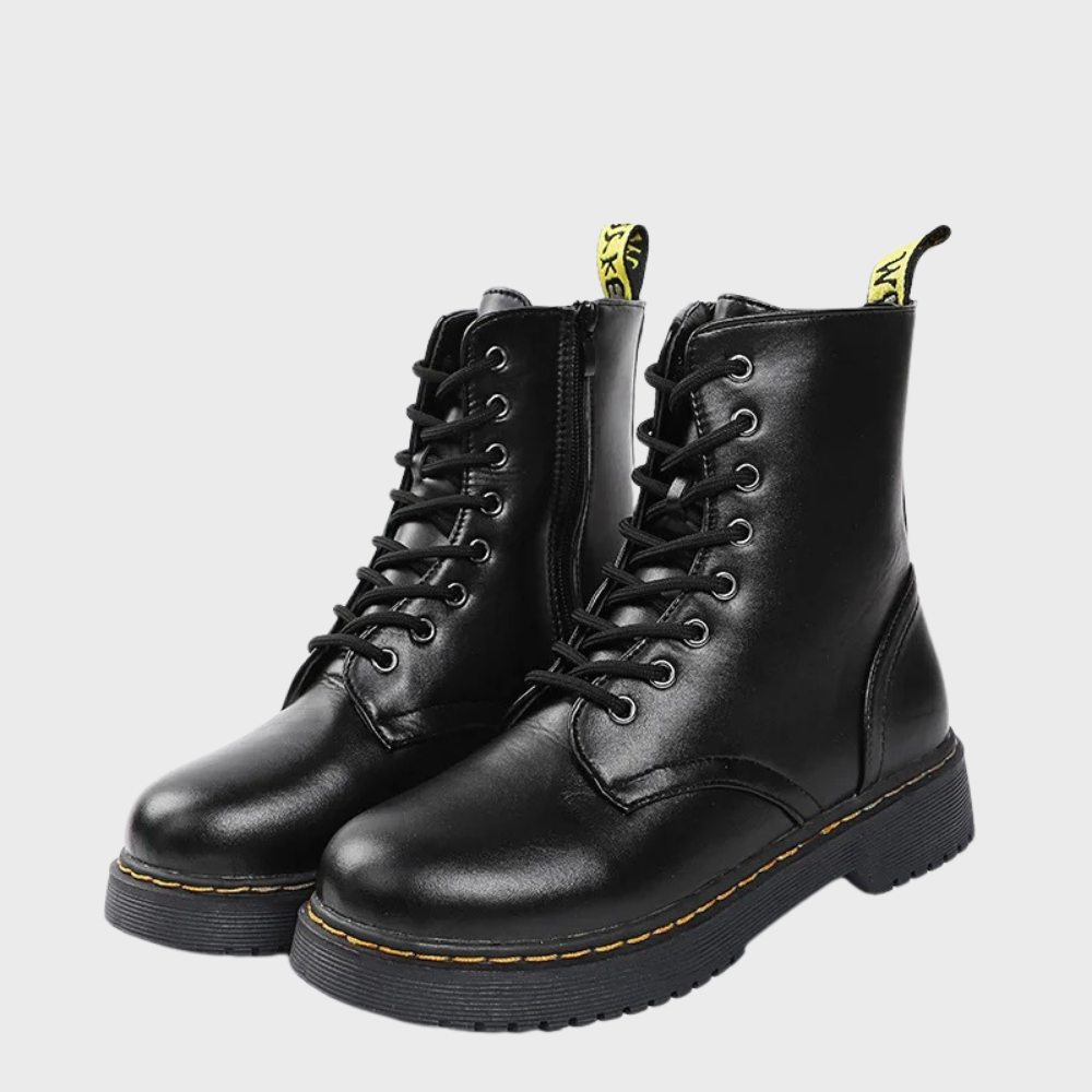 Schwarze Damenstiefel, Leder, Schnürung, robuste Sohle, modisch, bequem, Herbst/Winter.
