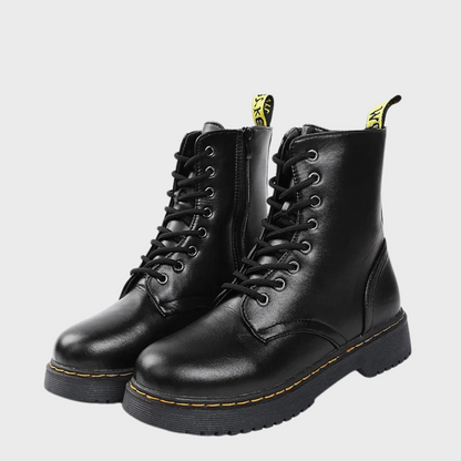Schwarze Damenstiefel, Leder, Schnürung, robuste Sohle, modisch, bequem, Herbst/Winter.