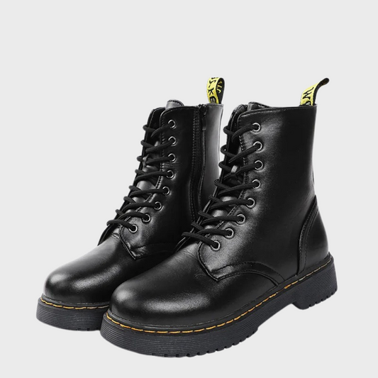 Schwarze Damenstiefel, Leder, Schnürung, robuste Sohle, modisch, bequem, Herbst/Winter.