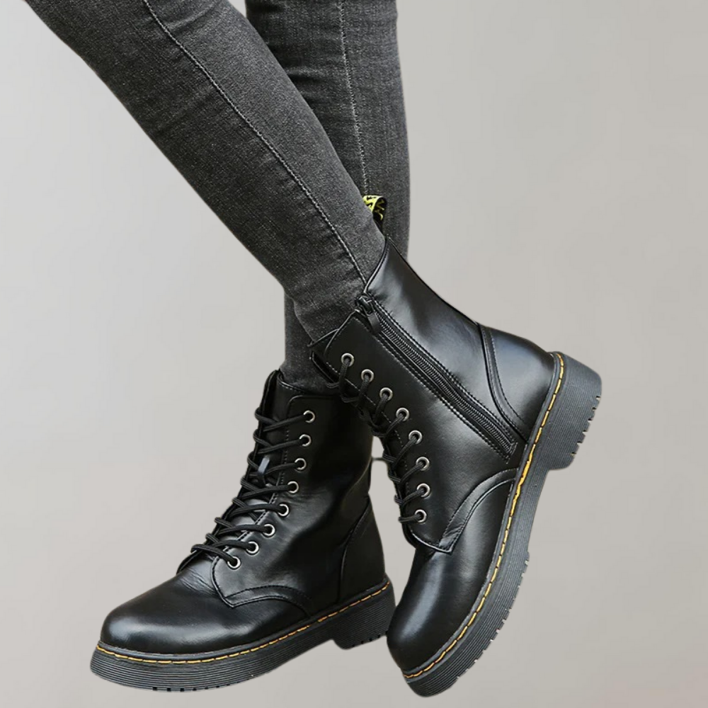 Schwarze Damenstiefel aus Leder, Schnürung, Reißverschluss, robuste Sohle, modisch, bequem.