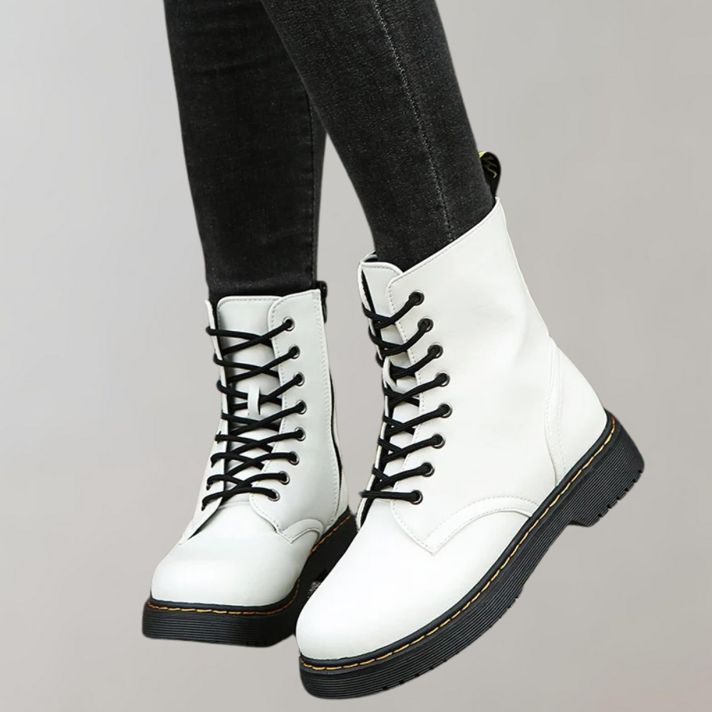 Weiße Damenstiefel mit schwarzer Schnürung, Leder, modisch, robust, für Herbst/Winter.