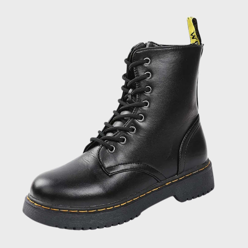 Schwarze Damenstiefel, Leder, Schnürung, robuste Sohle, modisch, bequem, Herbst/Winter.