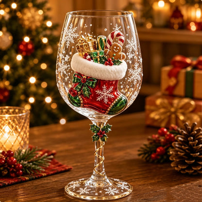 Weinglas mit rotem Nikolausstiefel mit weißem Plüschrand, gefüllt mit Geschenken, Zuckerstange und Lebkuchenmännchen 6