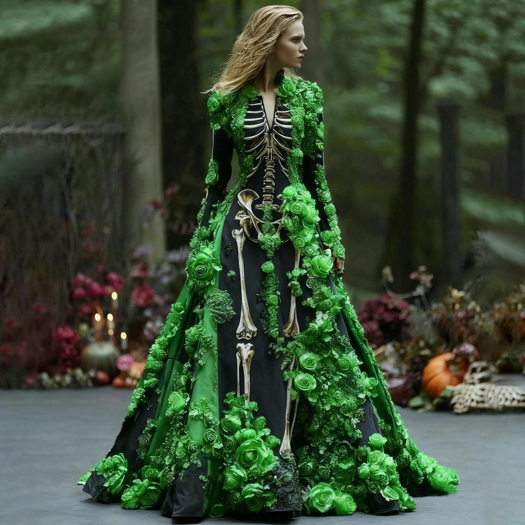 Das schwarze Skelettkleid mit grünen Rosenapplikationen, getragen von einer Frau vor Kerzen, Blumen und Kürbissen im Wald. 4