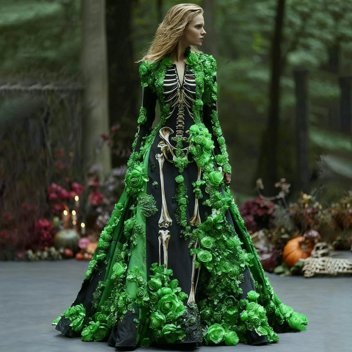 Das schwarze Skelettkleid mit grünen Rosenapplikationen, getragen von einer Frau vor Kerzen, Blumen und Kürbissen im Wald. 4