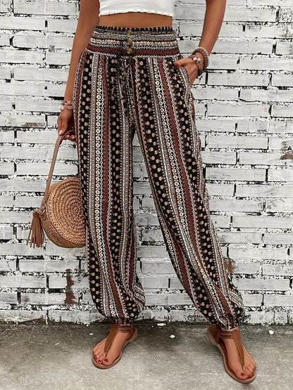 Boho High-Waist Damenhose mit Print & gesmoktem Bund – Linara