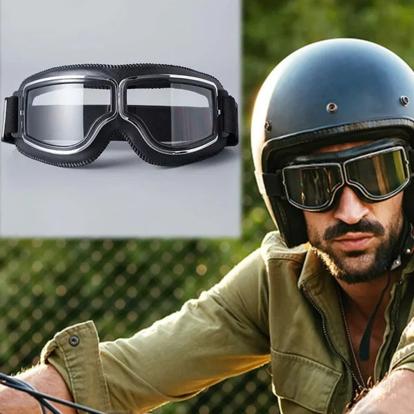 Collage: Freisteller der Brille mit klaren Gläsern, daneben ein bärtiger Mann mit Helm und die getragene Brille. 4