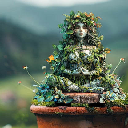 Meditierende Waldfrau im Schneidersitz auf Holzscheibe, in einem Terrakottatopf mit Blumen vor verschwommener Berglandschaft. 20