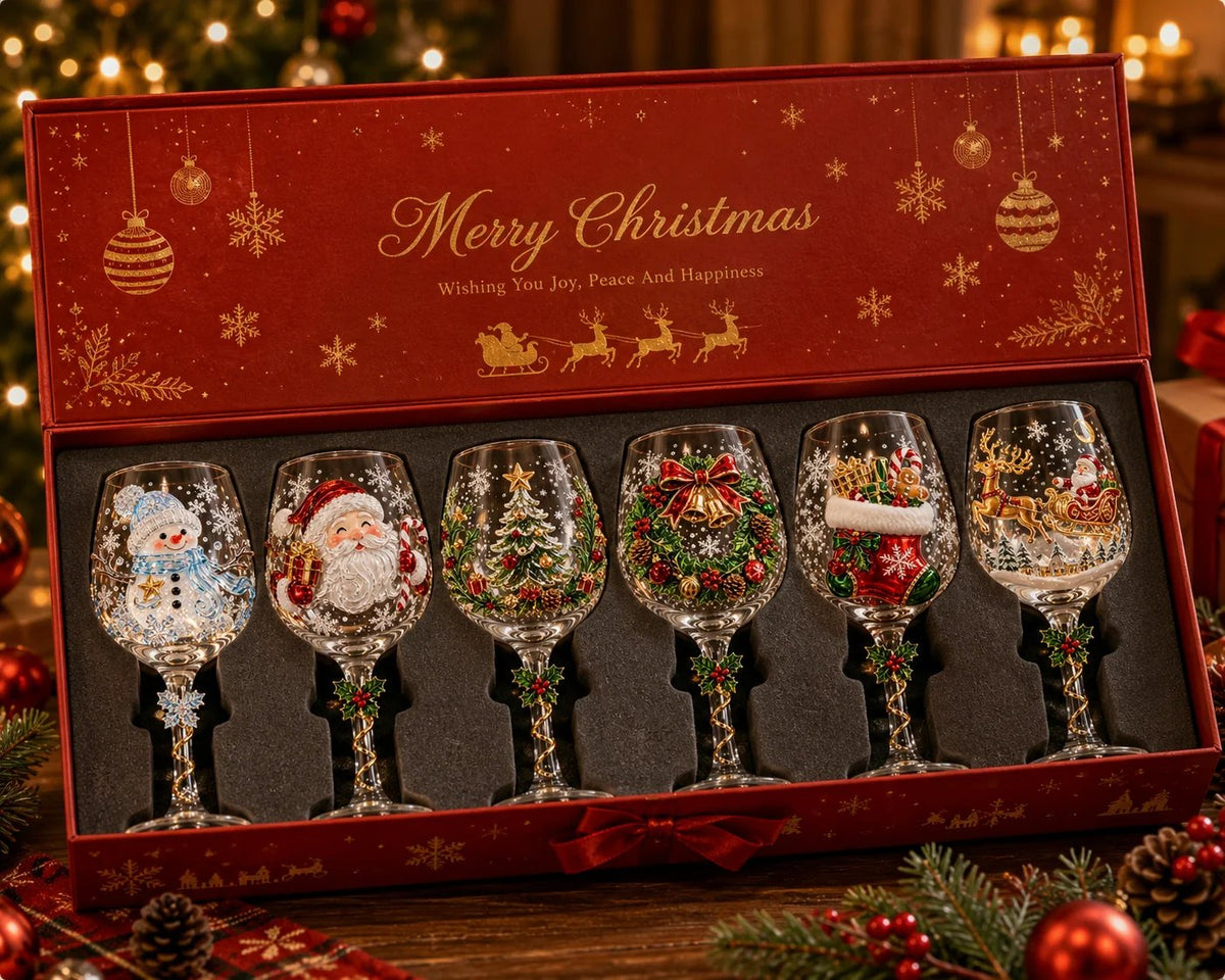Geschenkbox in Rot mit Schleife, geöffnet, darin sechs unterschiedlich dekorierte Weihnachtsweingläser in schwarzem 7