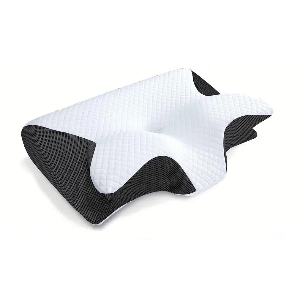 Orthopädisches Nackenstützkissen, ergonomisch, weiß-schwarz, Memory-Schaum, Schlafkomfort.