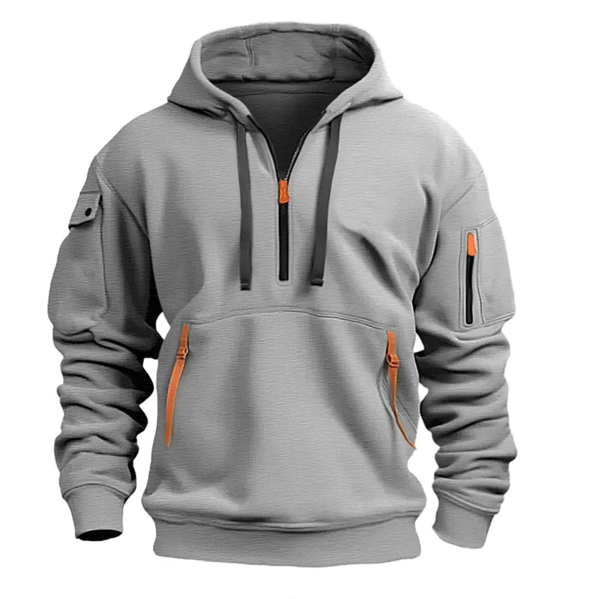 Hellgrauer Kapuzenpullover in der Vorderansicht mit orangefarbenen Reißverschlusszügen, schwarzen Kordeln, Känguru-Tasche und Ärmeltaschen. 1