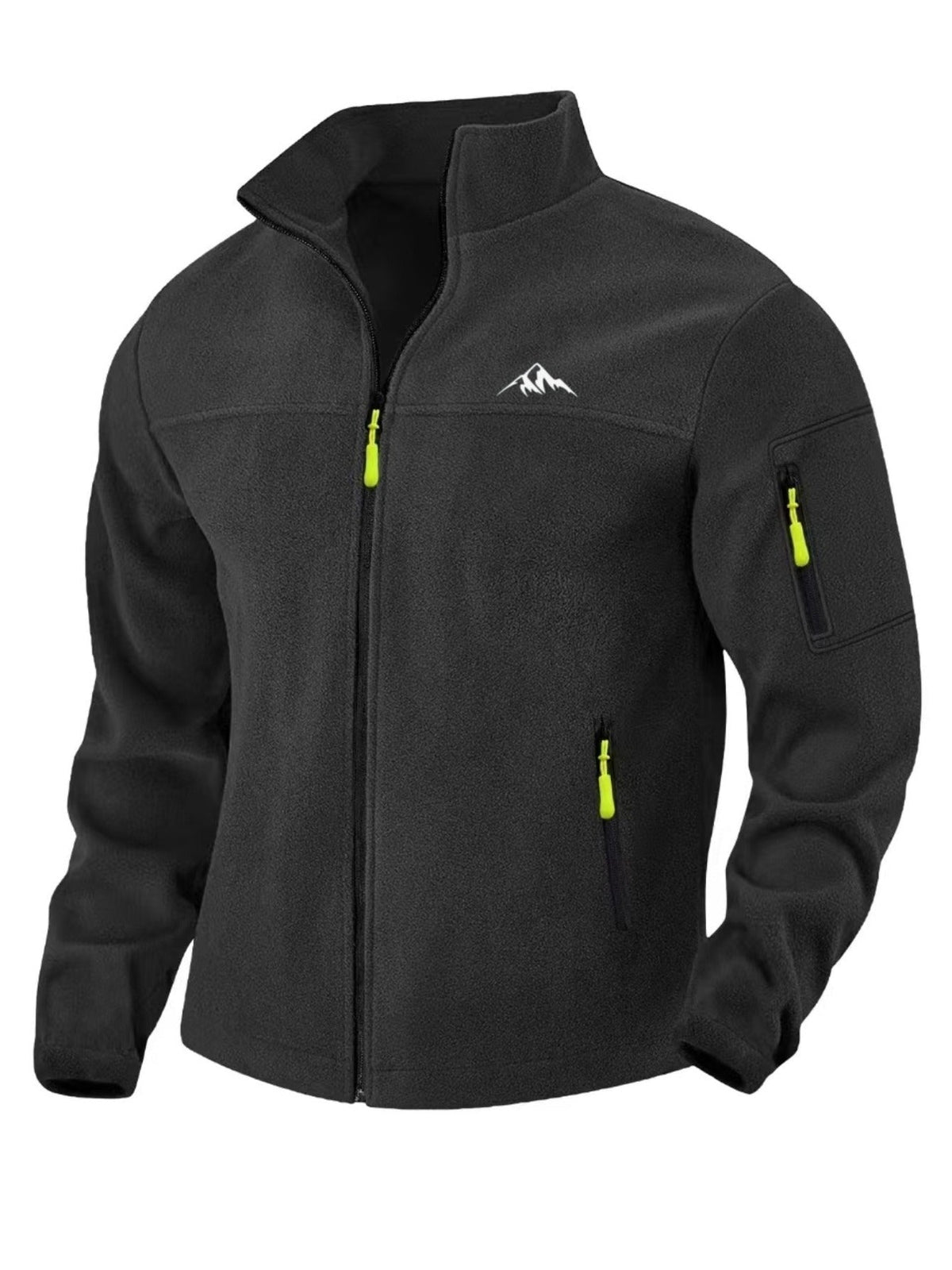Schwarze Fleecejacke von vorn mit Stehkragen, neongelben Reißverschlussziehern, Ärmeltasche und kleinem Bergmotiv auf der 7