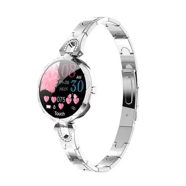 Silberne Smartwatch mit rundem Display, Herzfrequenzmesser, Edelstahlarmband, Damenmode.