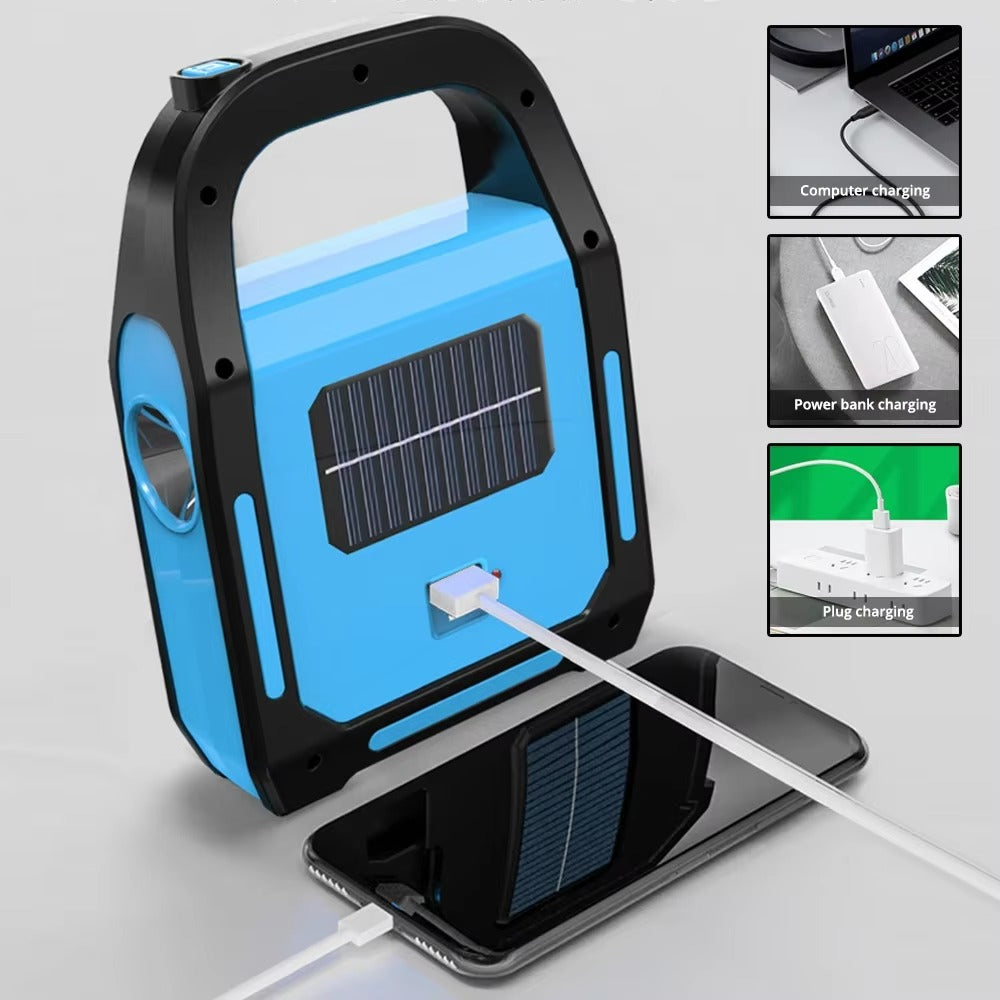 Tragbares Solarladegerät, blau, USB-Anschluss, Handy-Ladestation, umweltfreundlich.