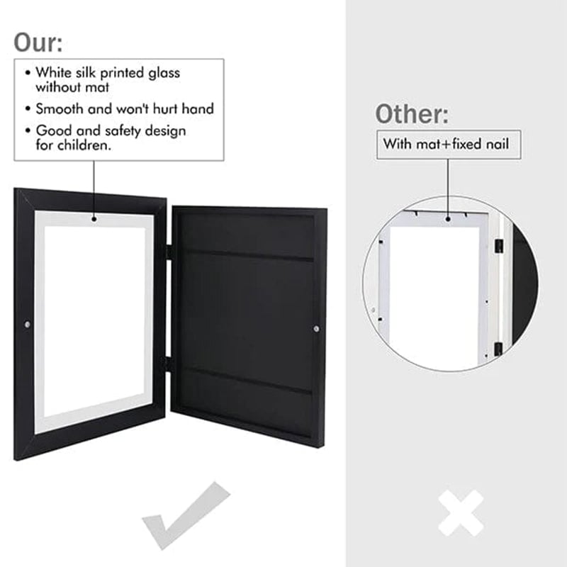 Vergleichsbild: schwarzer Rahmen mit offener Tür und glatter Glasscheibe ohne Passepartout, rechts die Variante mit Passepartout und Nägeln 8