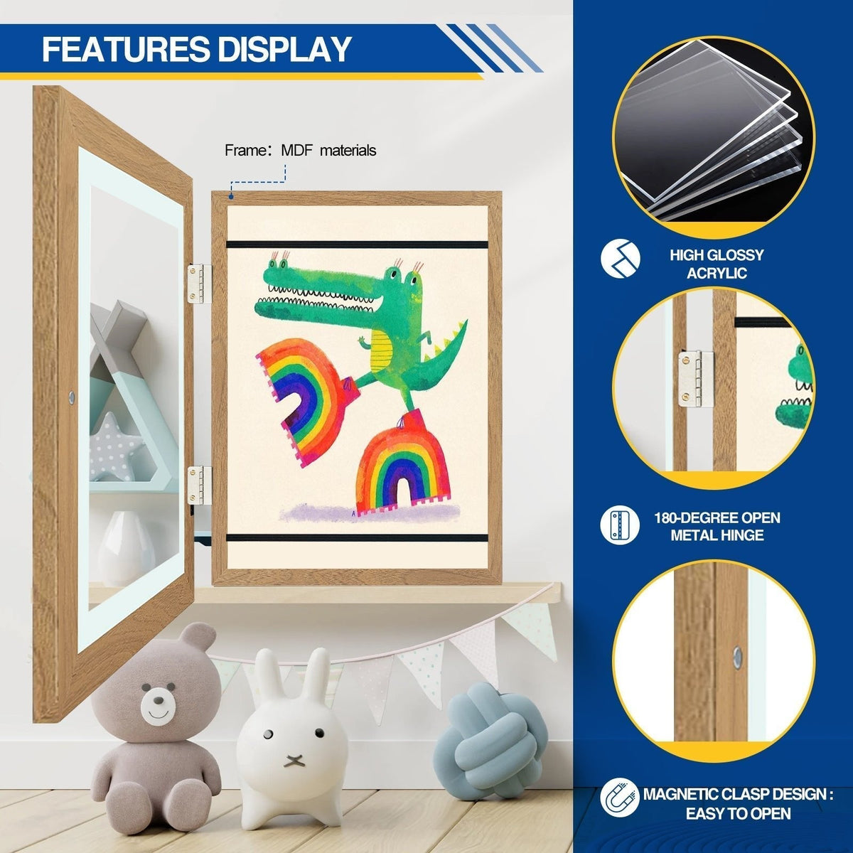 Aufgeklappter Rahmen in Holzoptik mit Krokodil-Zeichnung, Detailkreise zu Acrylscheibe, Metallscharnier und Magnetverschluss 18