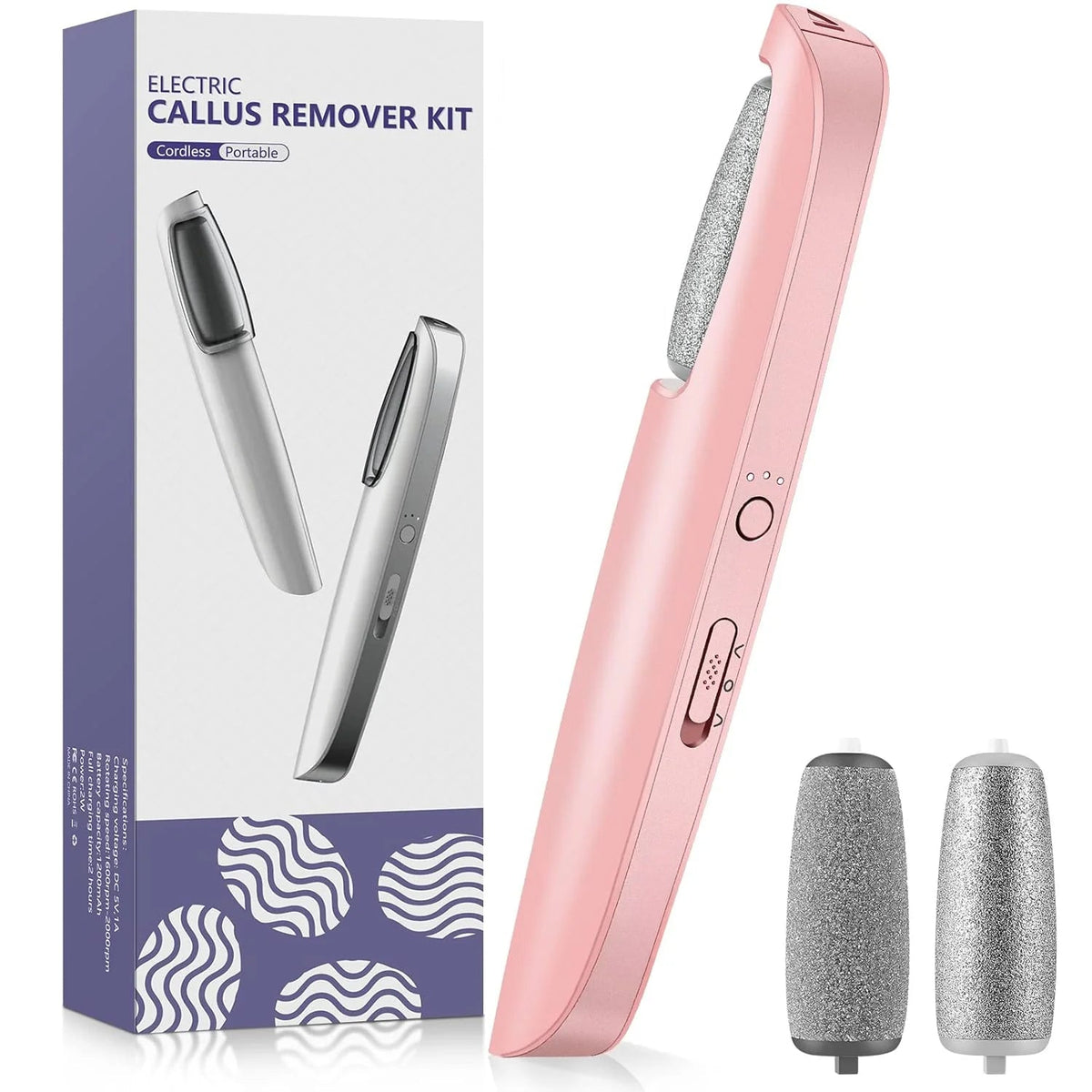 Gerät in rosa Farbe mit zwei Ersatzrollen, daneben die violett-weiße Verpackung. 8