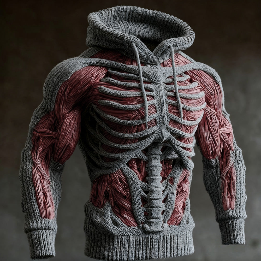 Strickhoodie in Grau mit plastischem Rippen- und Wirbelsäulenmuster und roten Muskelpartien an Armen und Rumpf, Frontansicht mit Kordeln. 1