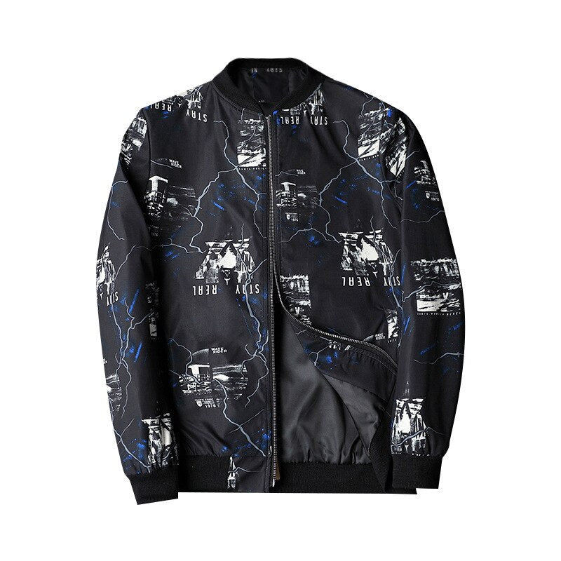 Herren Bomberjacke | Abstract Bedruckt | Reißverschluss | Rippbündchen-Schwarz Weiß-S-Luzern Mode