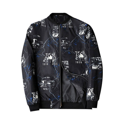 Herren Bomberjacke | Abstract Bedruckt | Reißverschluss | Rippbündchen-Schwarz Weiß-S-Luzern Mode