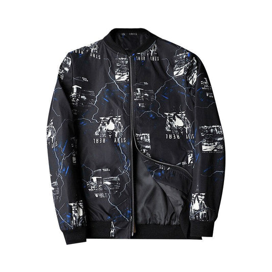 Herren Bomberjacke | Abstract Bedruckt | Reißverschluss | Rippbündchen-Schwarz Weiß-S-Luzern Mode