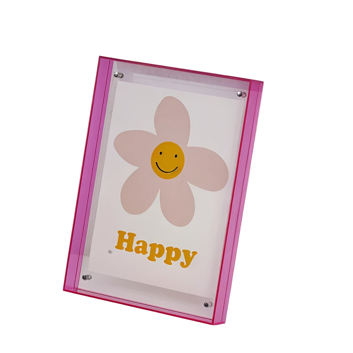 Pinker Acrylrahmen mit transparenter Front und Metallhaltern, darin ein Druck mit lächelnder Blume, freigestellt vor weißem Hintergrund. 1