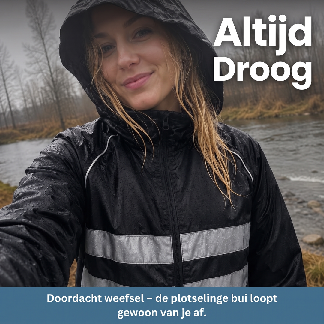 Lächelnde Frau mit Kapuze trägt die regennasse schwarze Jacke mit reflektierenden Streifen an einem Fluss. 8