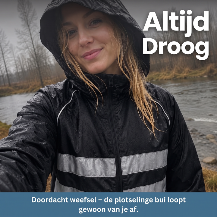 Lächelnde Frau mit Kapuze trägt die regennasse schwarze Jacke mit reflektierenden Streifen an einem Fluss. 8