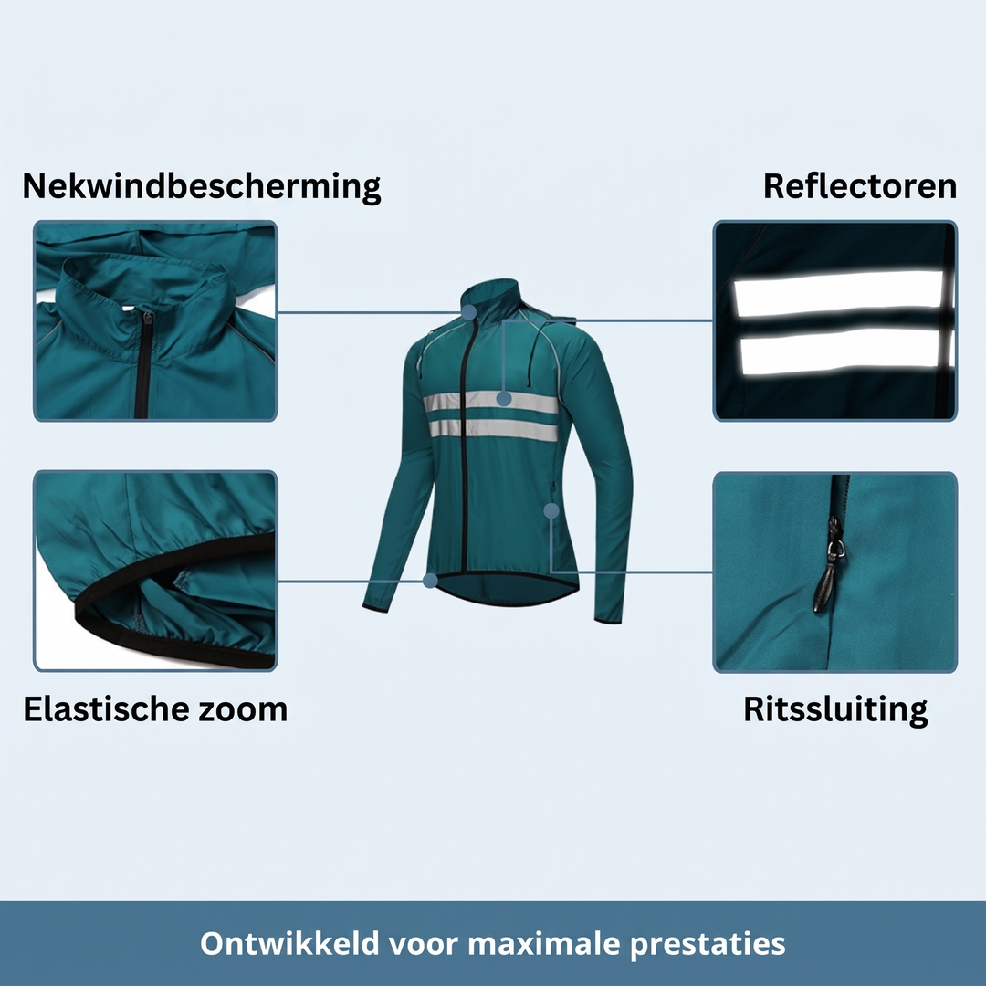 Petrolfarbene Jacke mit vier Detailausschnitten: Kragen mit Windschutz, reflektierende Streifen, elastischer Saum und Reißverschluss. 11