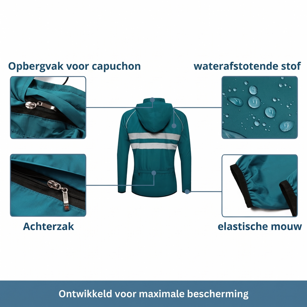 Rückseite der petrolfarbenen Jacke mit Details zu Kapuzenfach, wasserabweisendem Stoff, Rückentasche und elastischem Ärmelabschluss. 12