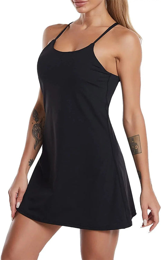 Sportkleid Damen Sommer | Integrierte Shorts | Atmungsaktiv | Dehnbar | Aktiv-Schwarz-XS-Luzern Mode