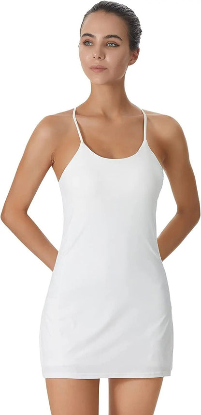 Sportkleid Damen Sommer | Integrierte Shorts | Atmungsaktiv | Dehnbar | Aktiv-Weiß-XS-Luzern Mode
