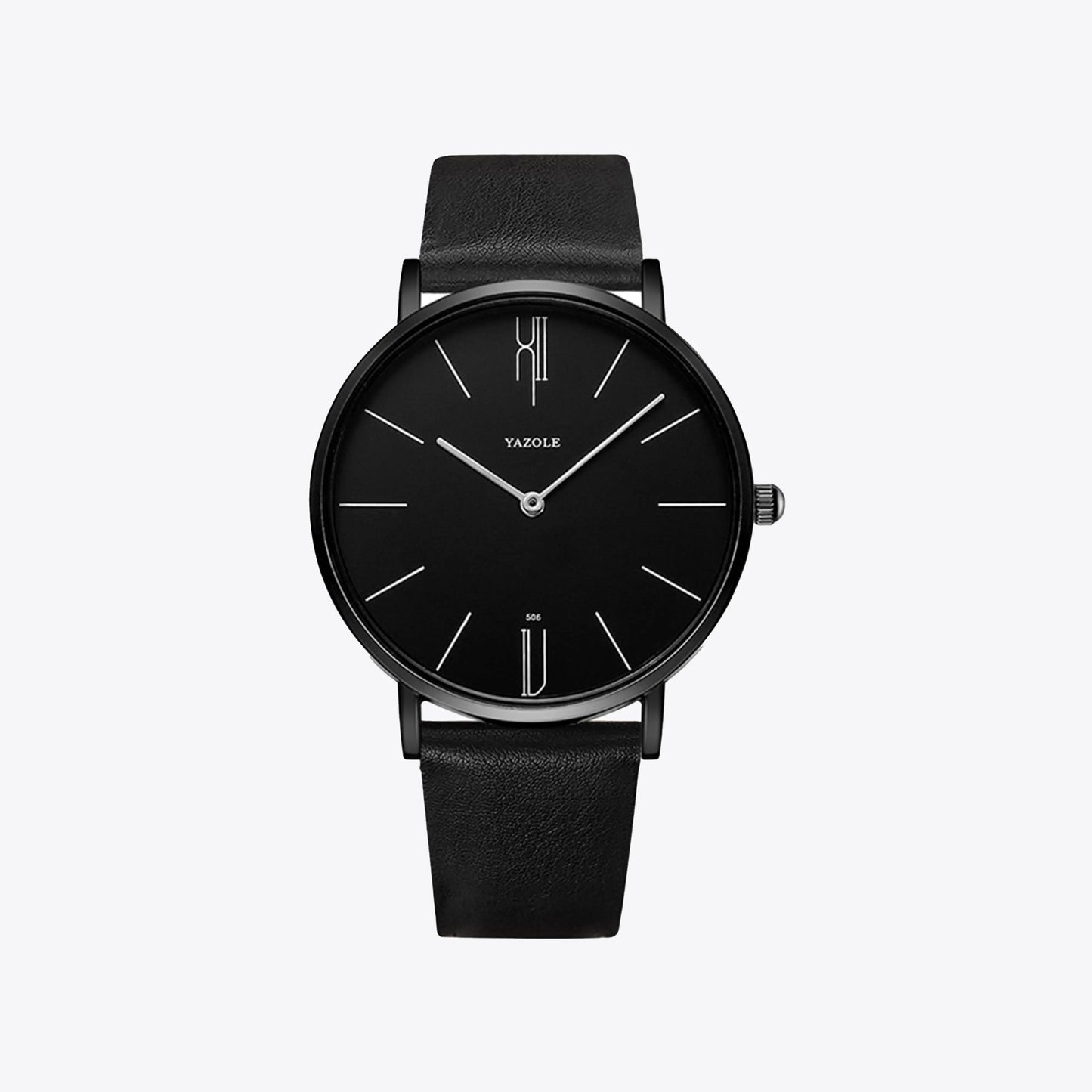 Schwarze Armbanduhr mit Lederarmband, minimalistisches Design, Zifferblatt ohne Zahlen.