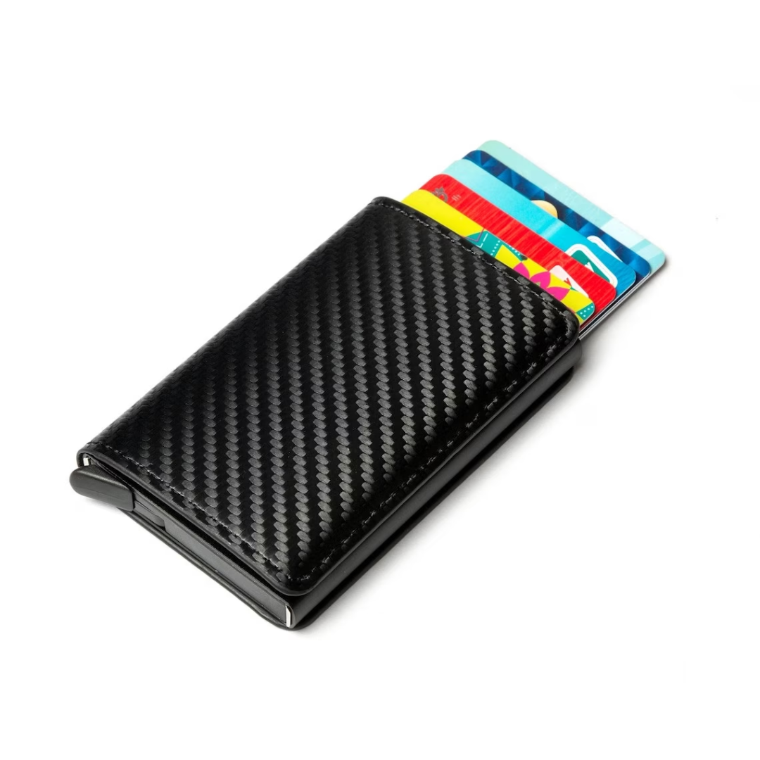 Schwarzer Aluminium-Kartenhalter mit Geldklammer, Kreditkarten, schlankes Design.