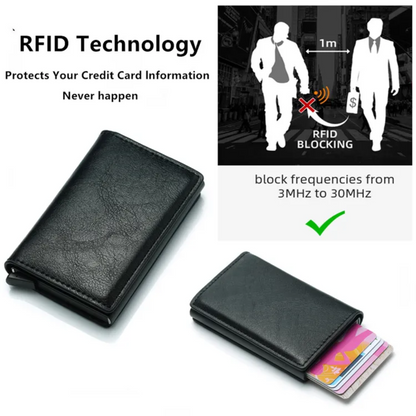 Schwarzer RFID-blockierender Aluminium-Kartenhalter, schützt Kreditkarten, kompakt und sicher.