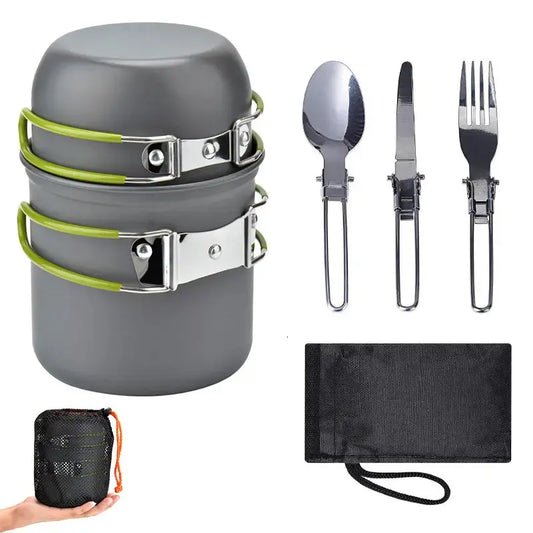 Aluminium Camping-Kochset mit faltbarem Besteck, leicht, kompakt, ideal für Outdoor-Abenteuer.