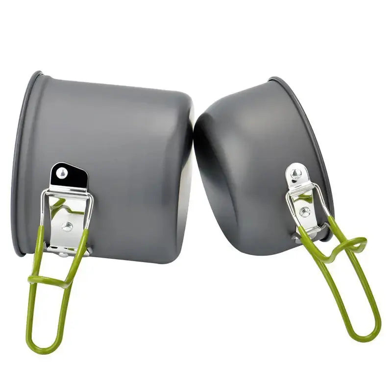 Faltbares Aluminium-Kochset mit Besteck, Campinggeschirr, Outdoor, leicht, grau.