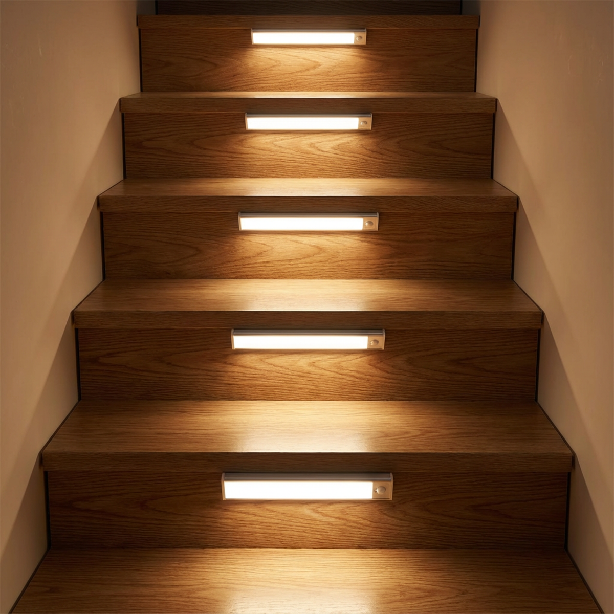 Fünf Leuchtleisten an den Stufenfronten einer Holztreppe, die jede Stufe mit warmem Licht beleuchten. 2