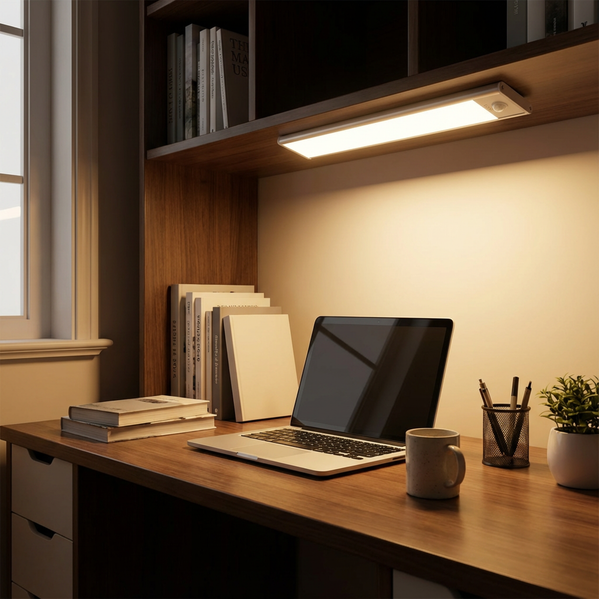 Leuchtleiste unter einem Regal über einem Holzschreibtisch mit Laptop, Büchern, Tasse und Stiftebecher. 4
