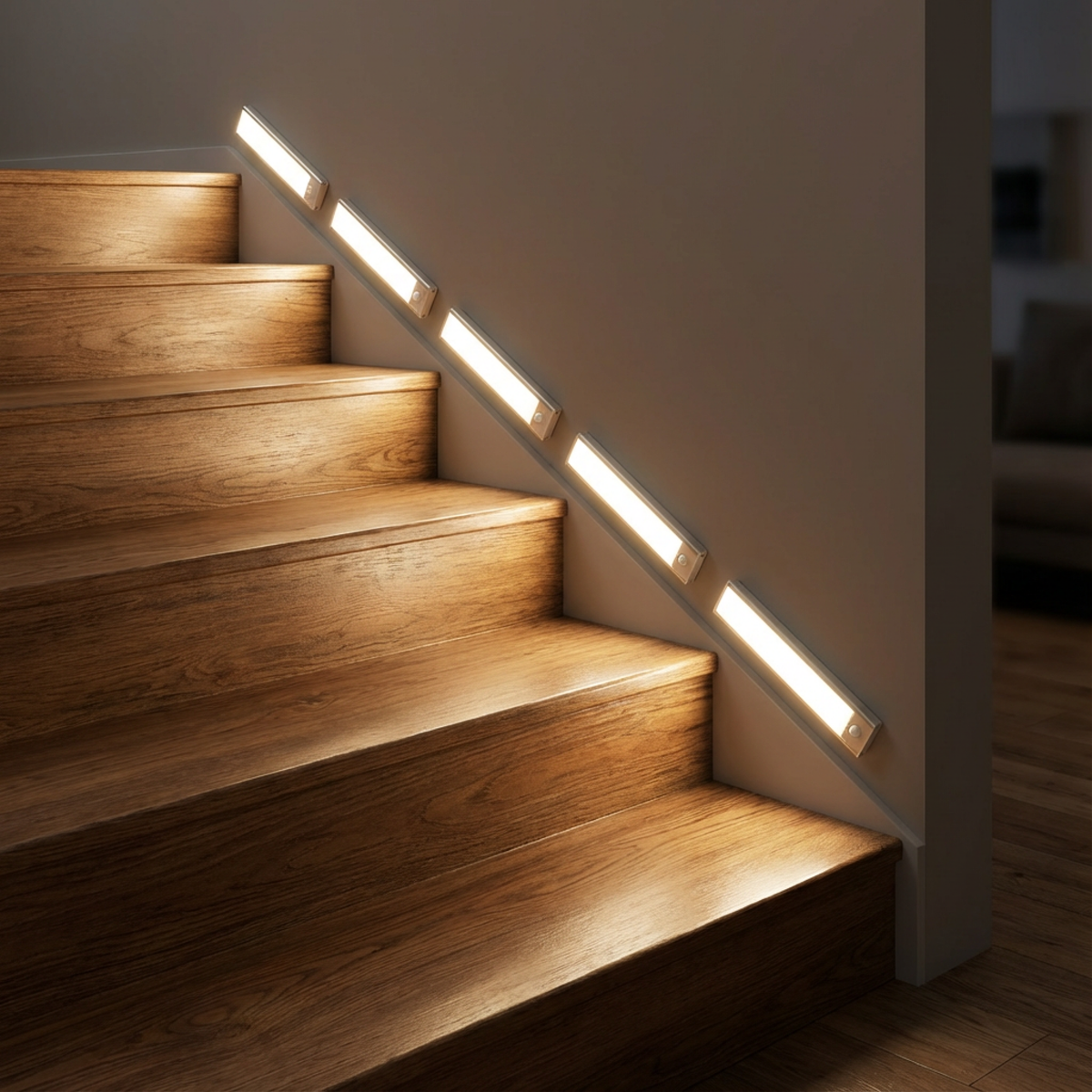 Mehrere Leuchtleisten schräg an der Wand entlang einer Holztreppe montiert, die Stufen warm ausleuchtend. 3