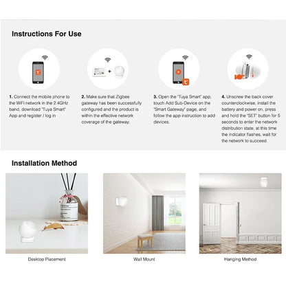 Anleitung für Zigbee Smart Gateway Installation und Nutzung, Wandmontage, Tischplatzierung.