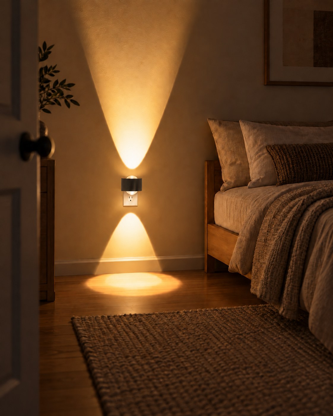 Schwarze Steckleuchte in dunklem Schlafzimmer, Lichtkegel nach oben und unten, daneben Bett und Teppich 2