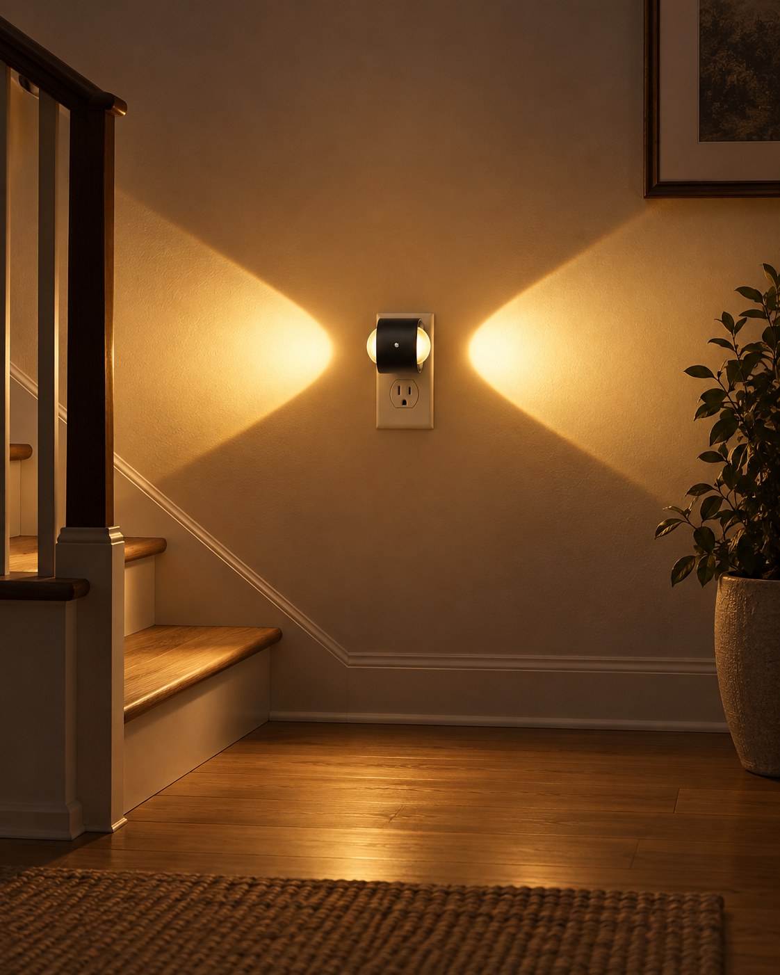 Steckleuchte in einer Diele neben der Treppe, Licht fällt seitlich als zwei Kegel auf die Wand 3