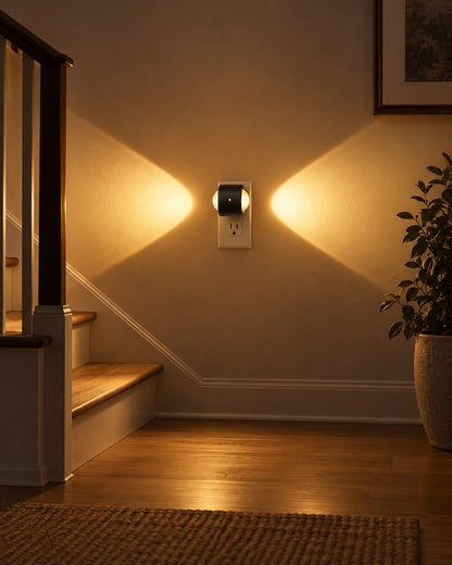 Steckleuchte in einer Diele neben der Treppe, Licht fällt seitlich als zwei Kegel auf die Wand 3