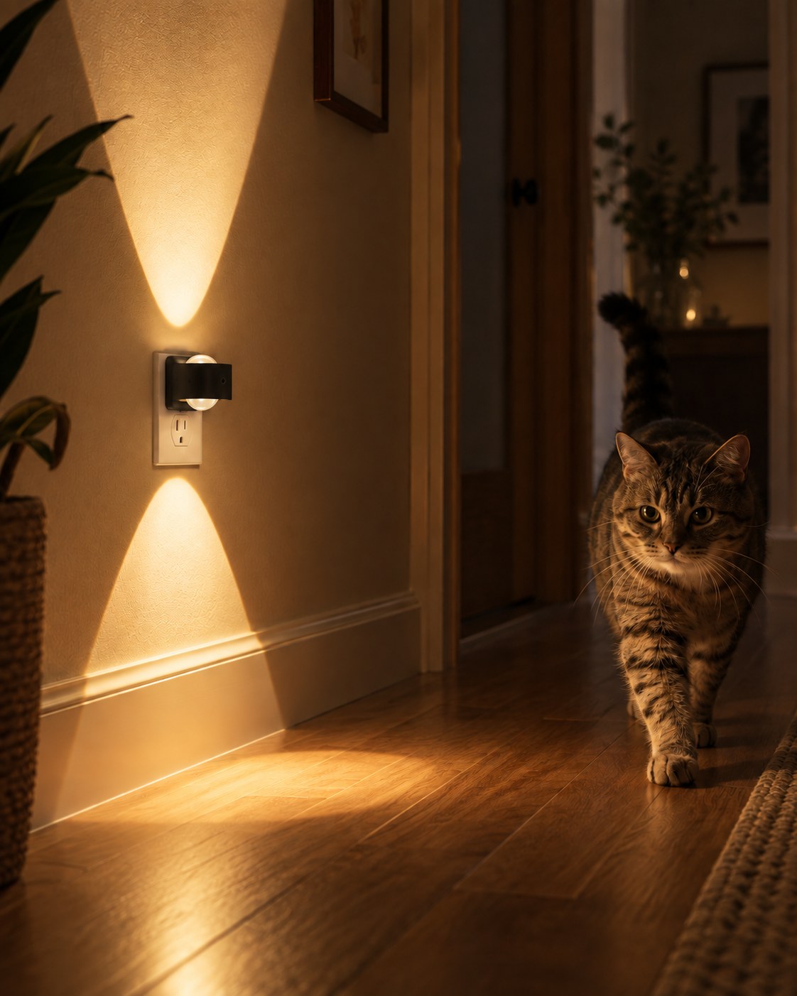 Steckleuchte im Flur beleuchtet den Holzboden, daneben läuft eine getigerte Katze durch das Dämmerlicht 4