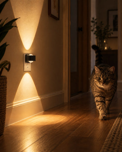 Steckleuchte im Flur beleuchtet den Holzboden, daneben läuft eine getigerte Katze durch das Dämmerlicht 4