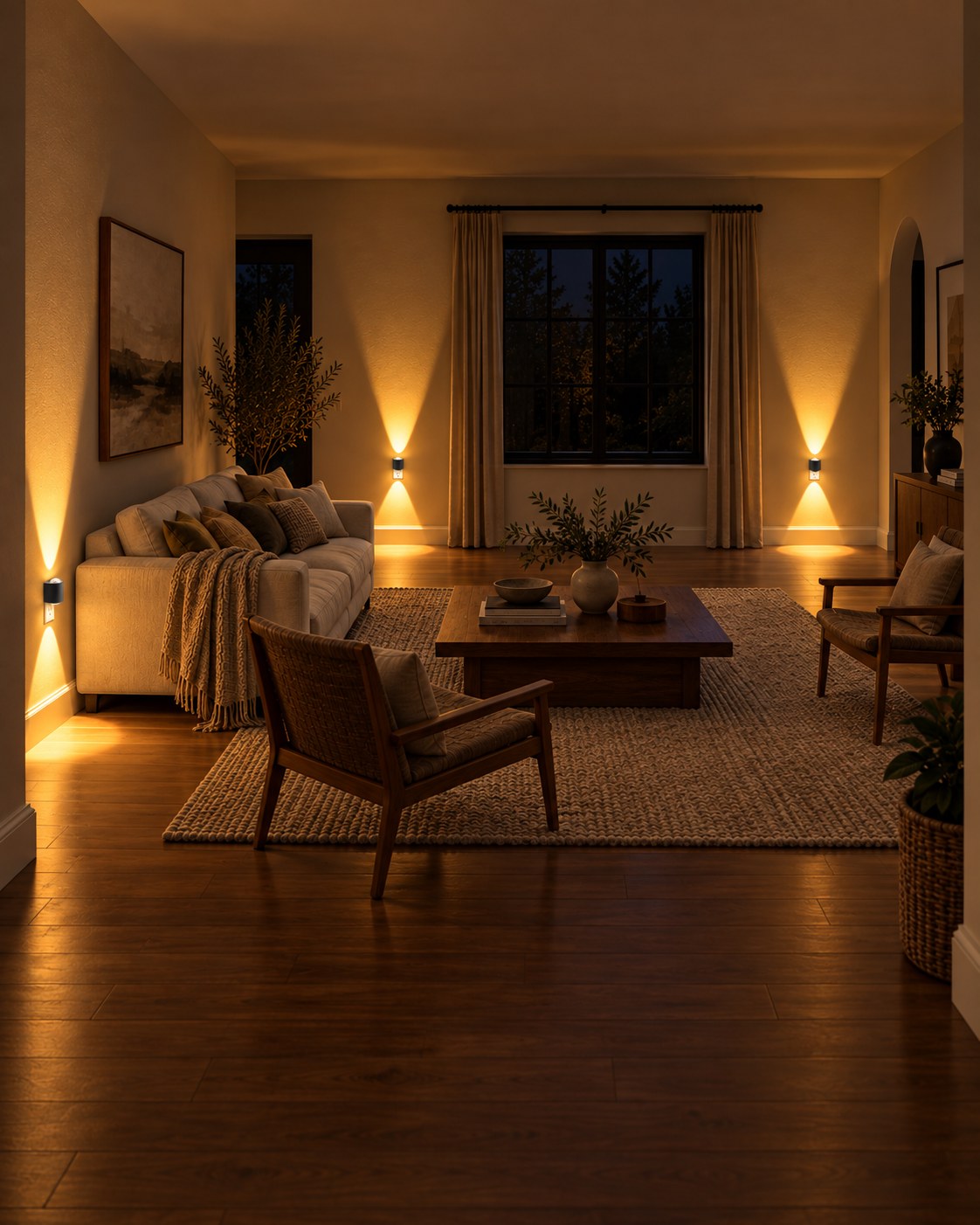 Wohnzimmer bei Nacht mit drei Steckleuchten an den Wänden, die Sofa, Sessel und Teppich dezent beleuchten 6