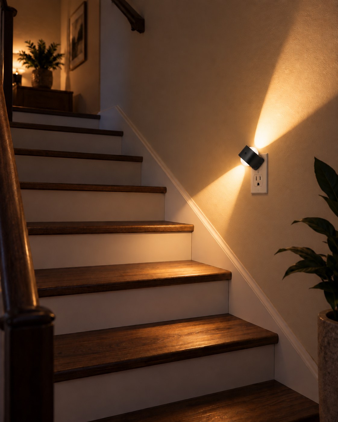 Schwarze Steckleuchte an der Wand neben einer Holztreppe, das Licht fällt auf die Stufen 7