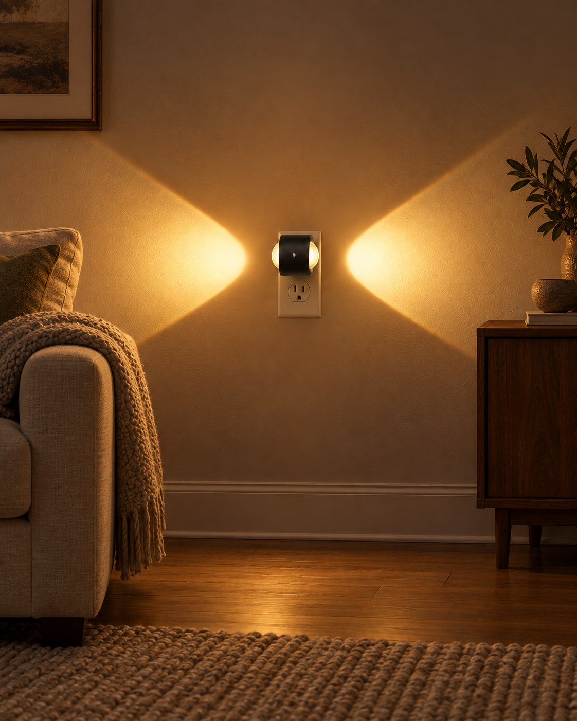 Schwarze Steckleuchte zwischen Sofa und Sideboard, zwei seitliche Lichtkegel auf der Wand im Wohnzimmer 8